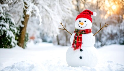 Happy Snowman in a Winter Wonderland with Snow Covered Trees.