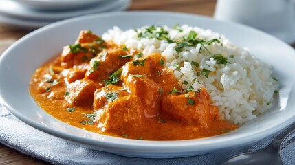 butter chicken with rice served on white plate top view