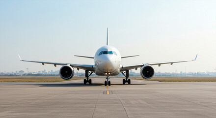 A commercial airplane on the airport runway, viewed from the front