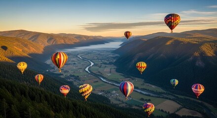 Obraz premium Colorful hot air balloons over scenic valley