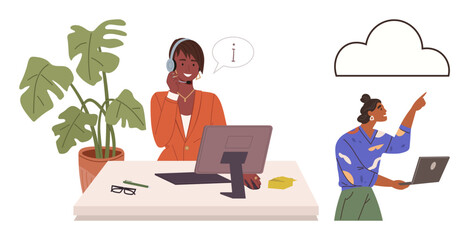 Support agent with headset working at desk, assisting via computer. Includes plant, glasses, and cloud. Ideal for teamwork, communication, technology, support customer service cloud computing