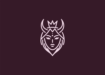 A simple minimalist Demon Queen logo in line style, symbolizing dark elegance, mystery, and power