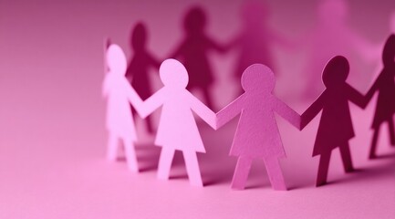Pink paper figures holding hands forming circle, symbolizing community, sisterhood, feminism and women's rights