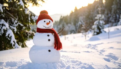 Obraz premium Joyful Snowman in a Winter Wonderland Sunset.