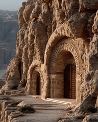 Ancient temple doorway carved into sandstone cliffs high resolution image
