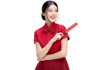PNG format of Beautiful young asian woman with red fan and Chinese style makeup on transparent background. Chinese new year holiday concept for commercial advertising.