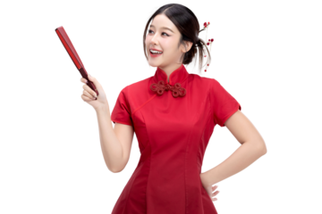 PNG format of Beautiful young asian woman with red fan and Chinese style makeup on transparent background. Chinese new year holiday concept for commercial advertising.
