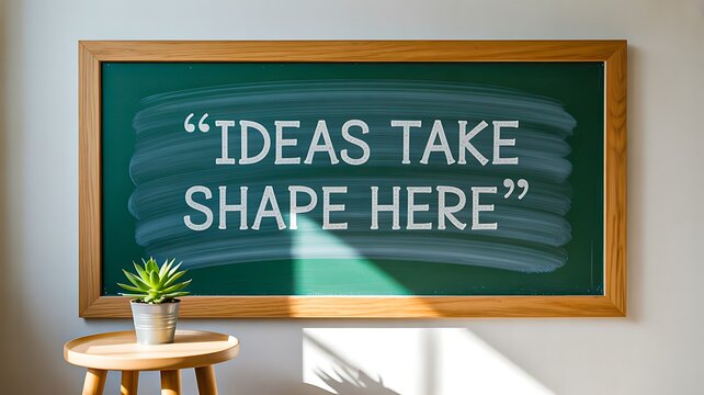Naklejki Chalkboard with ideas take shape here message and potted plant
