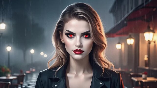A lady vampire with fierce red eyes sits at a cozy outdoor caf&eacute; table on a rainy night.