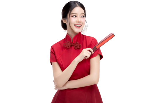 PNG format of Beautiful young asian woman with red fan and Chinese style makeup on transparent background. Chinese new year holiday concept for commercial advertising.