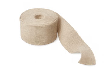 Beige elastic bandage roll unrolling on transparent background