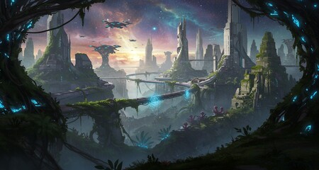 Ethereal Sci-Fi City: Bioluminescent Nature Meets Advanced Architecture Under a Cosmic Sky