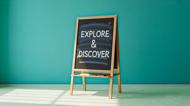 Naklejki Wooden chalkboard with explore and discover text on green wall