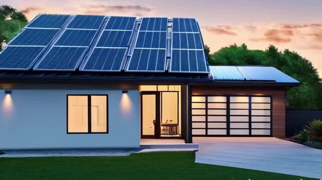modern house with a sloping roof, clad in a combination of dark gray and cream-colored exterior walls  array of solar panels installed on the roof, angled to maximize energy created with generative ai