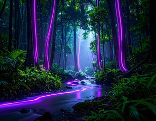 Fototapeta premium Mystic rainforest illuminated by vibrant light trails