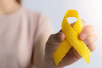 Close up of woman holding golden ribbon, representing childhood cancer awareness and support for children with cancer