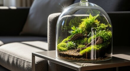 Terrarium with Lush Green Plants on Table.
