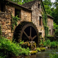 Obraz premium Old stone watermill with a large wheel