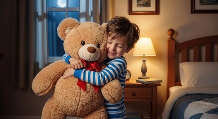 Child hugs teddy bear in bedroom at night