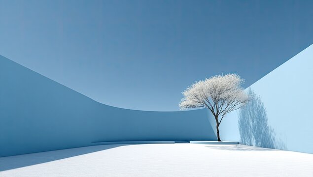 Empty blue space, snow-covered tree