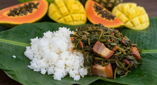 "Ravitoto Feast, guiso malgache aut&eacute;ntico servido con arroz"