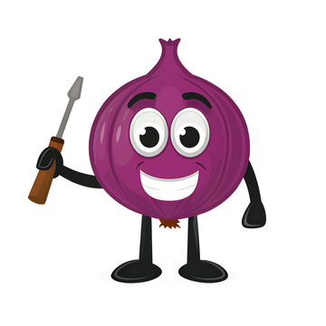 vector illustration of onion mascot or character holding hammer and screwdriver