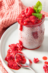 High-angle shot of raspberry chia seed pudding