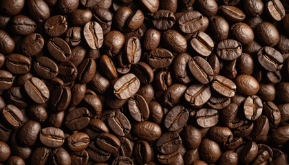 Obraz premium Close up background texture of roasted coffee beans filling frame, rich brown organic caffeine ingredient, natural pattern design resource for cafe branding, espresso packaging or food product present