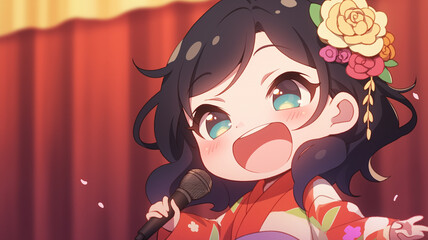ステージのスポットライトを浴びて輝くアイドルの少女を描いたアニメイラスト素材。マイクを握り観客に笑顔を届ける姿が印象的で、アイドル活動、ライブパフォーマンス、青春をイメージしたデザインやポスター、広告、背景用にも使える華やかで魅力的なイラスト。