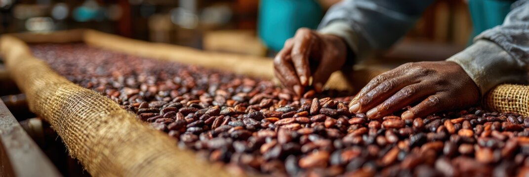 Cocoa farmers hand sorting cacao beans for quality control in a rural processing facility during the harvest season
