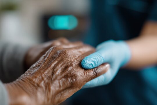 Close up of a nurse's gloved hand gently holding the wrinkled hand of an elderly patient, offering comfort and reassurance during medical care