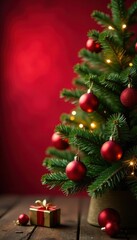 Classic Christmas tree, vibrant red backdrop, warm bokeh , red, xmas, bokeh
