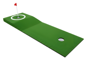A miniature golf putting green with a defined hole and flag is presented against a black background.