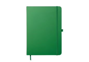 A vibrant green notebook, presented against a black backdrop, features a smooth, solid surface and a practical design.