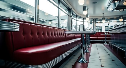 A wide shot of a retro diners interior, showcasing the curved red seating and polished chrome