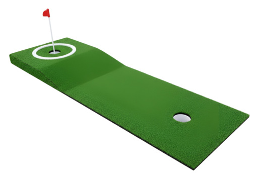 A miniature golf putting green with a defined hole and flag is presented against a black background.