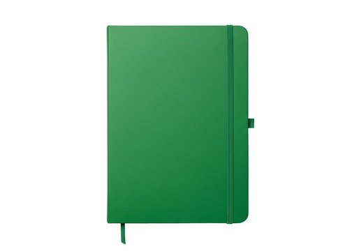 A vibrant green notebook, presented against a black backdrop, features a smooth, solid surface and a practical design.