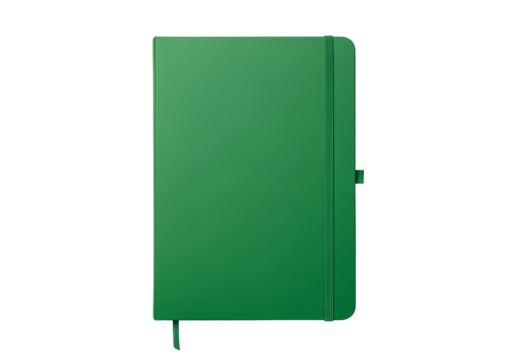 A vibrant green notebook, presented against a black backdrop, features a smooth, solid surface and a practical design.