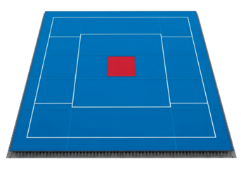 A detailed illustration of a playing surface with designated areas, showcasing a central red square and a vibrant blue color scheme.