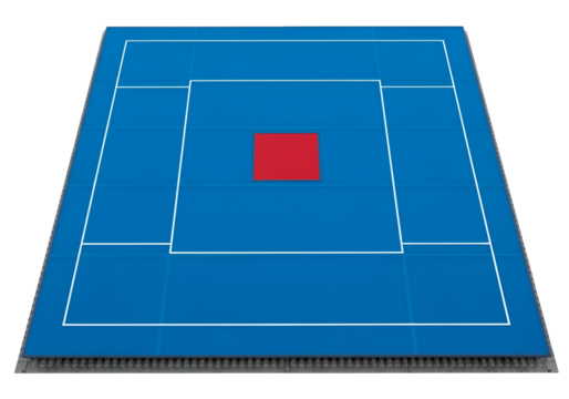 A detailed illustration of a playing surface with designated areas, showcasing a central red square and a vibrant blue color scheme.