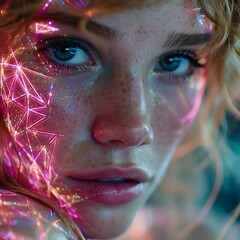 Futuristic woman with neon light effects, digital art portrait