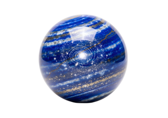 A detailed, round sphere crafted from lapis lazuli, showcasing a depiction of celestial bodies and patterns, exuding a sense of wonder and deep cosmic beauty.