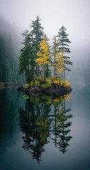 Misty lake autumn island reflection; serene nature scene, ideal for calming backgrounds