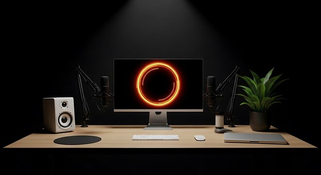 Hightech desktop computer setup with dual microphones, speaker, and plant, illuminated by a spotlight - Powered by Adobe