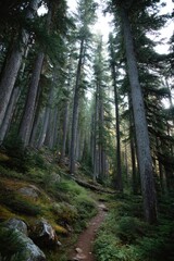 Obraz premium Hiking trail through misty evergreen forest, mountainous area. Nature, adventure, background