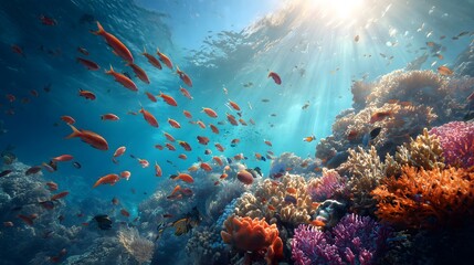 Naklejka premium Colorful coral reef underwater with tropical fish, vibrant marine ecosystem illuminated by sunlight, ocean wildlife habitat showcasing biodiversity and aquatic beauty