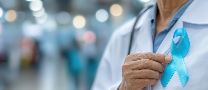 Doctor showing light blue ribbon pinned on white coat, representing prostate cancer awareness and men's health