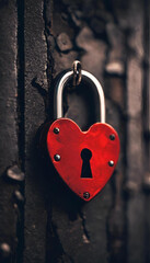 Red Heart Padlock on Rustic Wooden Door &ndash; Symbol of Love and Security