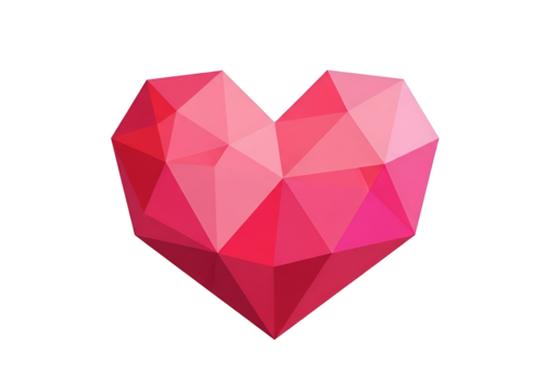 A vibrant, polygonal heart shape stands out against a black backdrop, showcasing a gradient of pink hues.