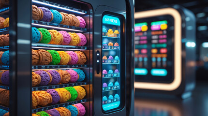 modern bakery display cookie vending machine colorful glazed snack treats pink blue yellow retail sweets dessert pastries shot gourmet product display supermarket interior wallpaper background